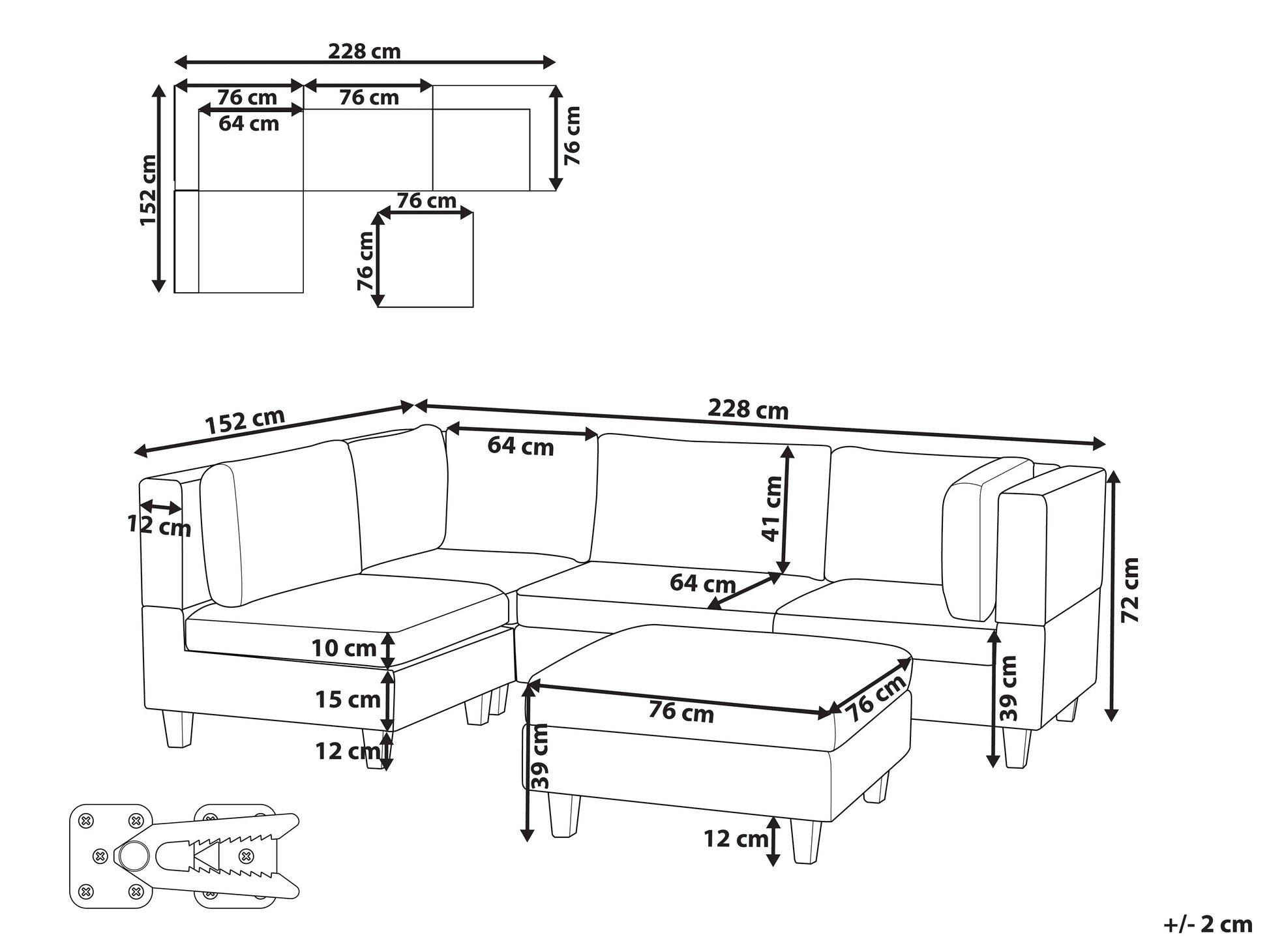  Modular Corner Sofa 4 Seater UNSTAD Fabric Black With Ottoman Right Hand