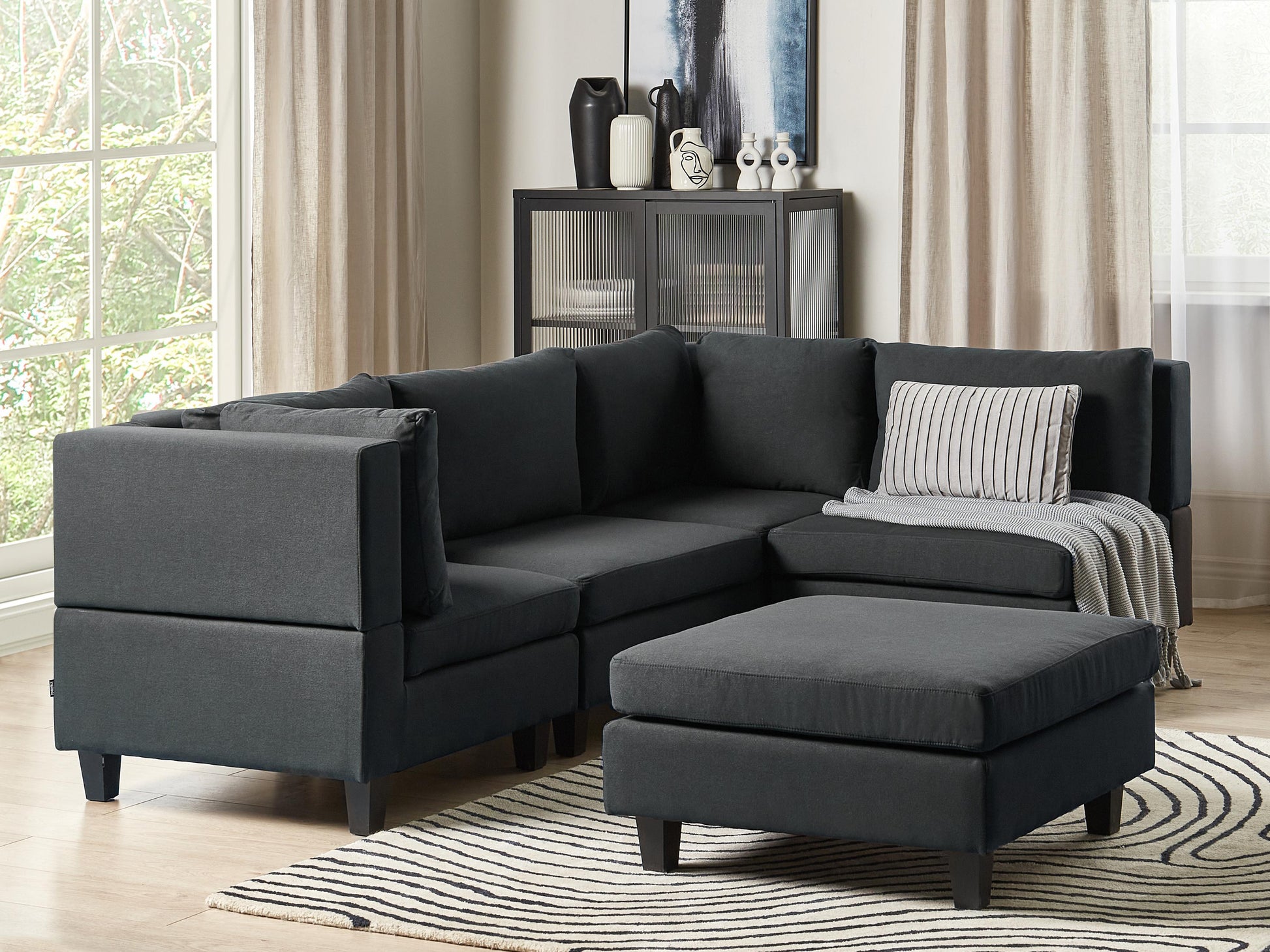  Modular Corner Sofa 4 Seater UNSTAD Fabric Black With Ottoman Left Hand