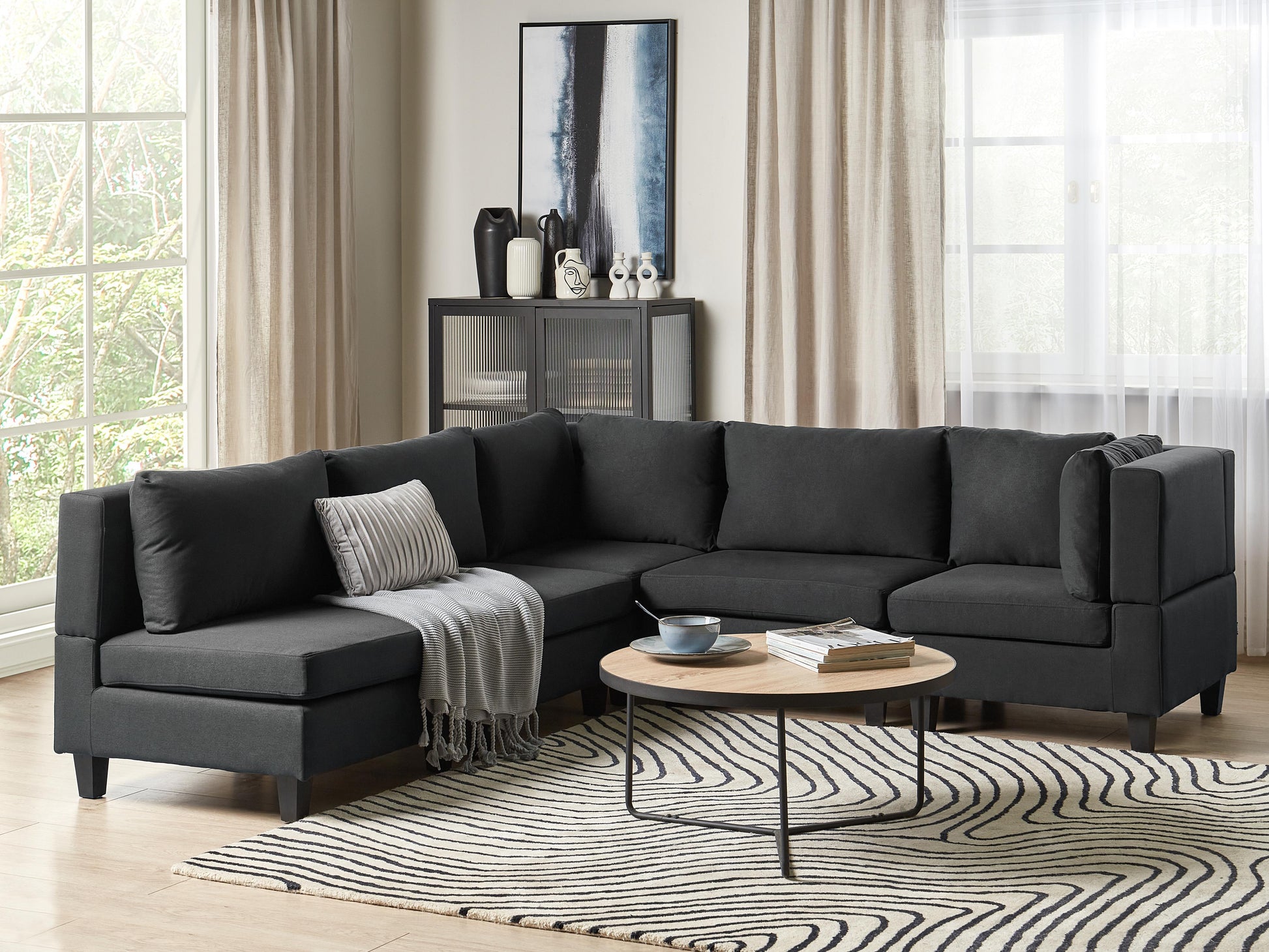  Modular Corner Sofa 5 Seater UNSTAD Fabric Black Left Hand
