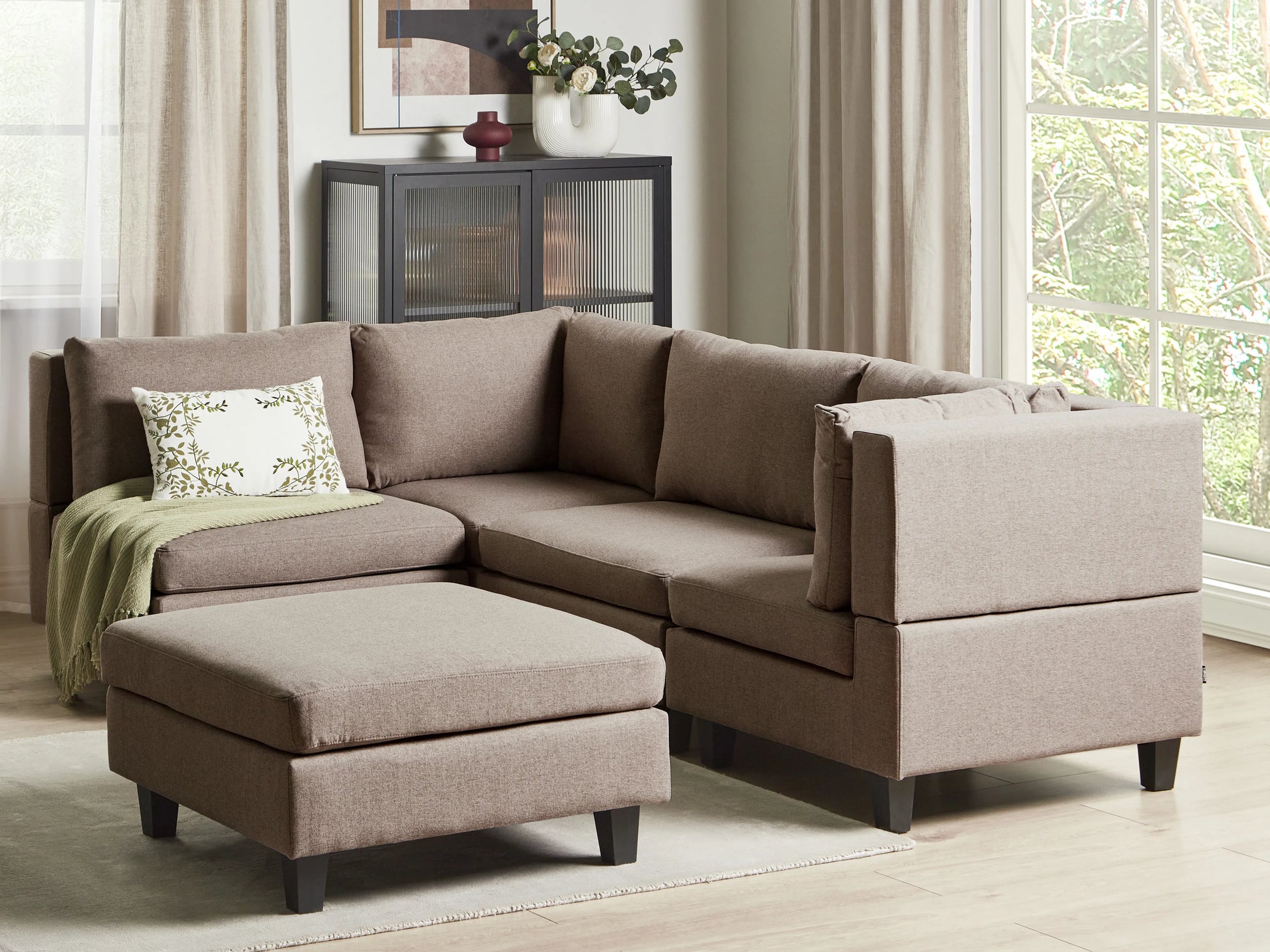 Modular Corner Sofa 4 Seater UNSTAD Fabric Brown With Ottoman Right Hand