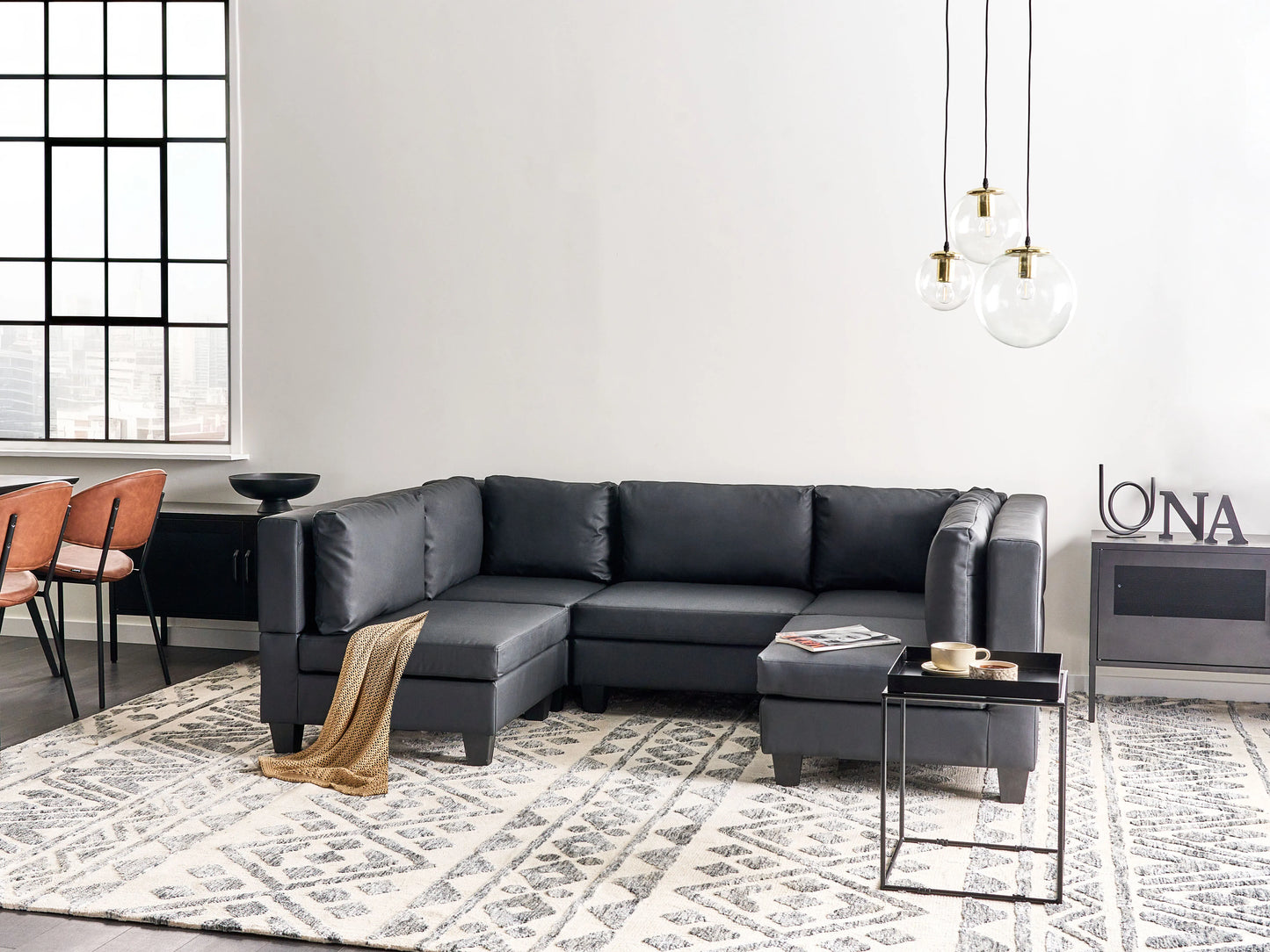  Modular U-Shape Sofa 5 Seater UNSTAD Faux Leather Black