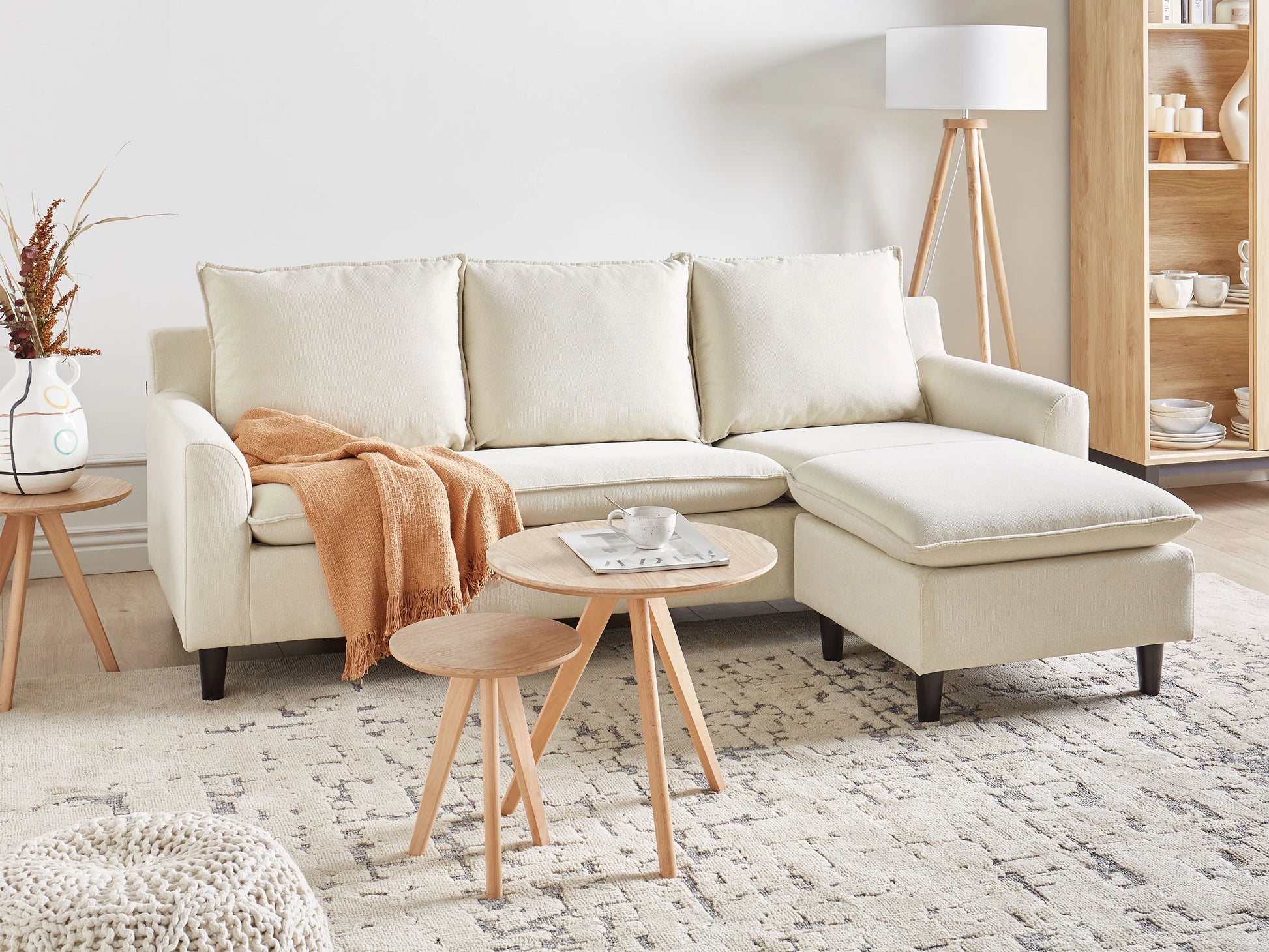  Corner Sofa 3 Seater ELVENES Fabric Light Beige Left Hand