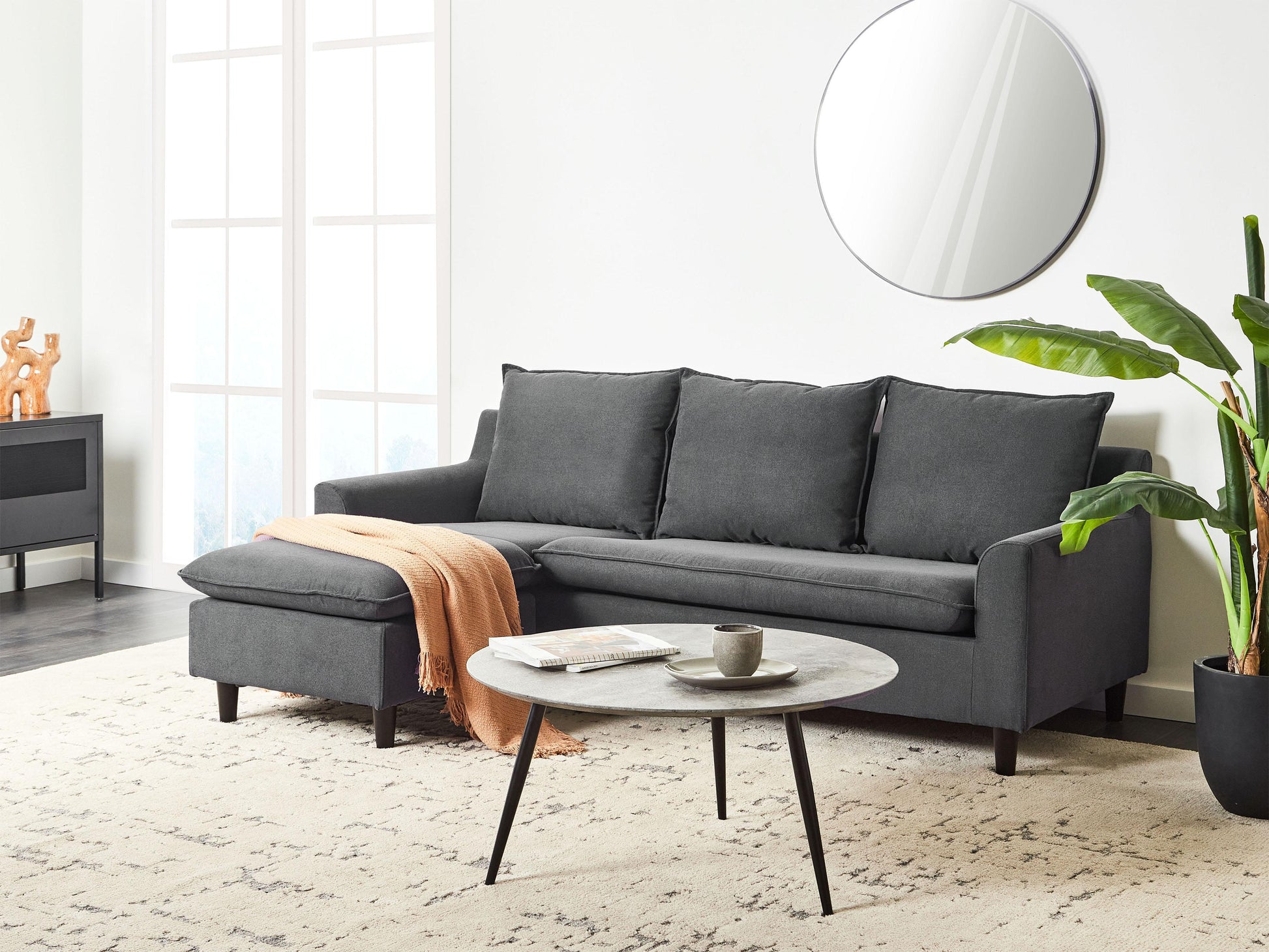  Corner Sofa 3 Seater ELVENES Fabric Dark Grey Right Hand