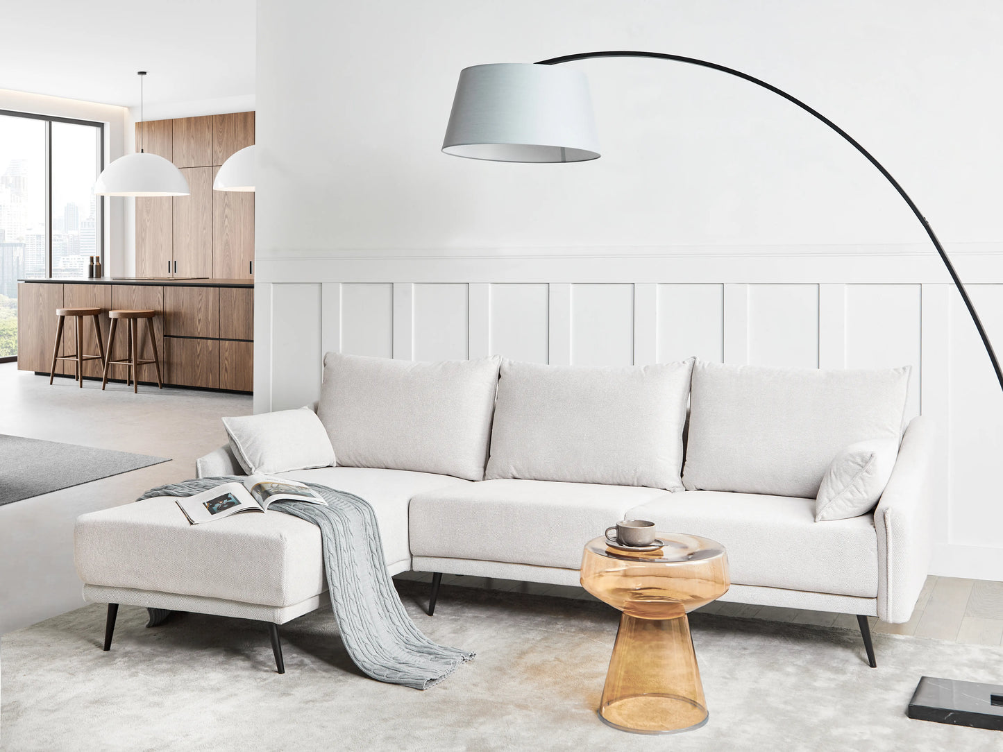  Corner Sofa 3 Seater VARDE Fabric Off-White Right Hand