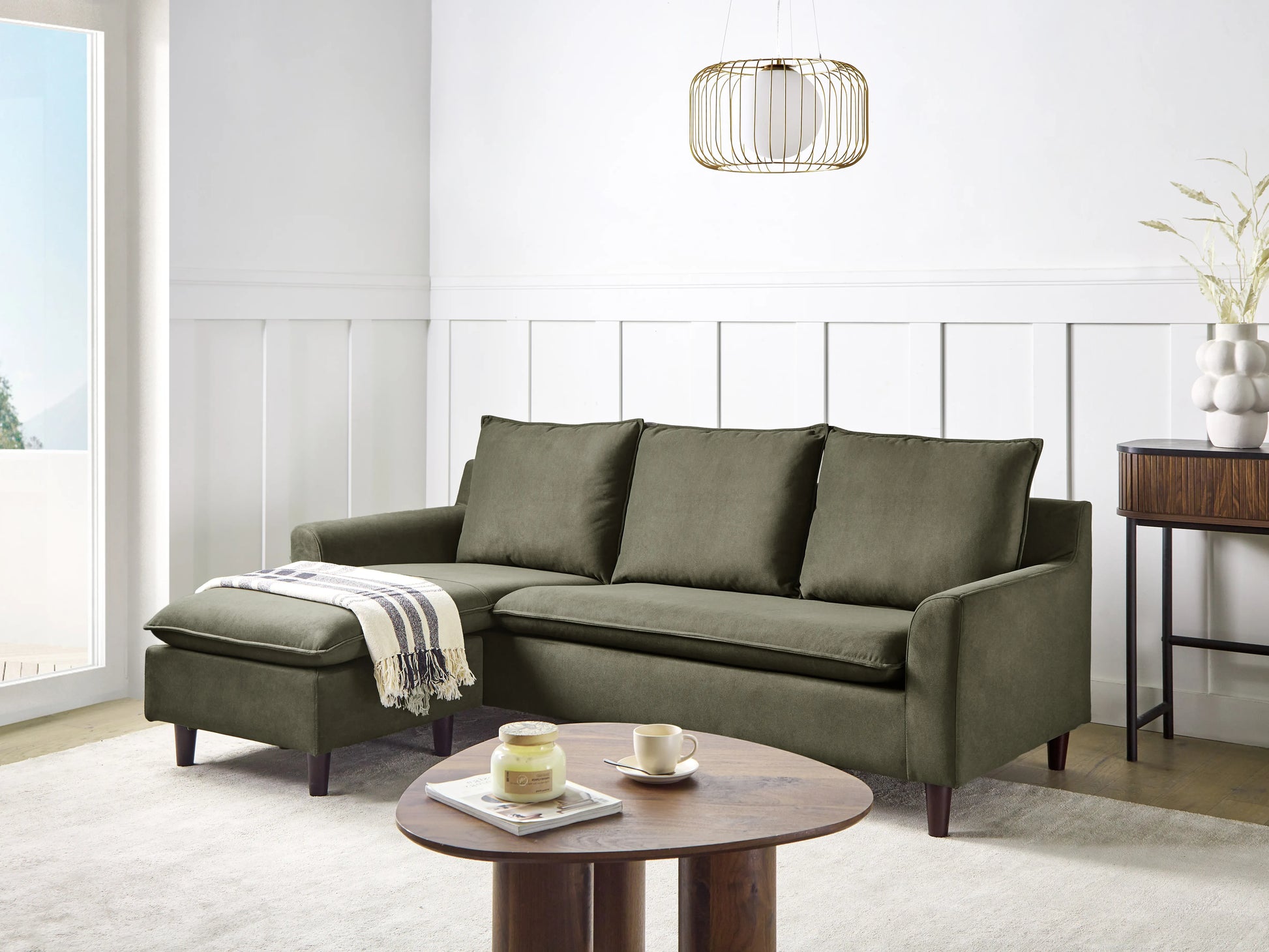  Corner Sofa 3 Seater ELVENES Fabric Dark Green Right Hand