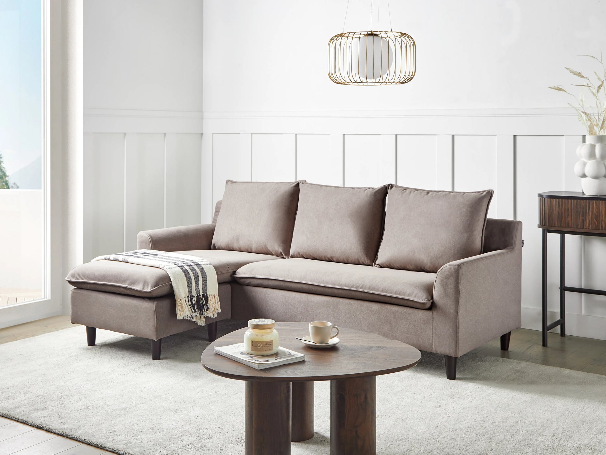  Corner Sofa 3 Seater ELVENES Fabric Taupe Right Hand