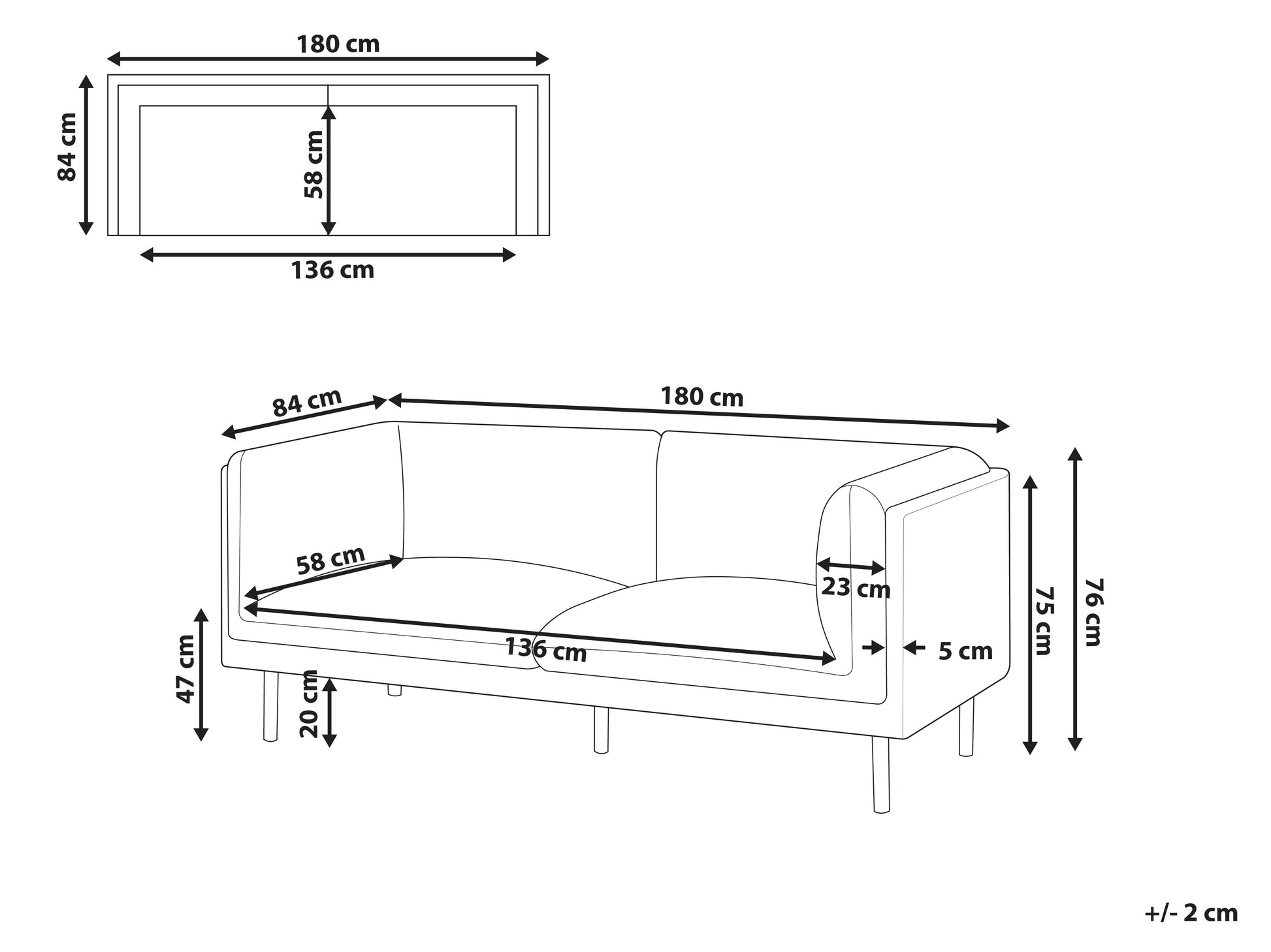  Sofa 2 Seater VORGOD Fabric Black