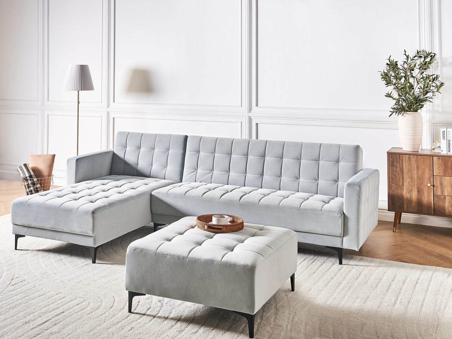  Modular Corner Sofa Bed 4 Seater ABERDEEN Velvet Light Grey Right Hand