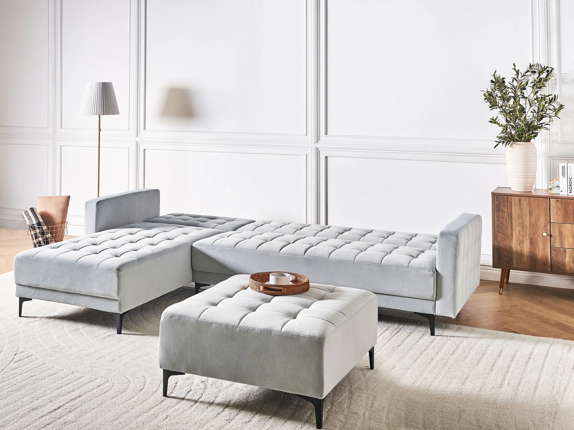  Modular Corner Sofa Bed 4 Seater ABERDEEN Velvet Light Grey Right Hand