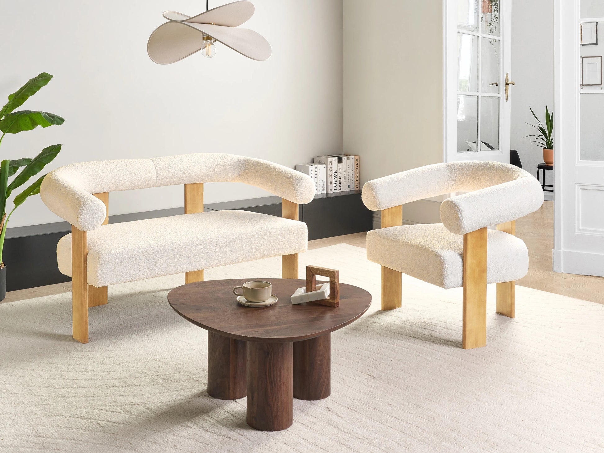 Living Room Set ILBRO Boucle Off-White/ Light Brown