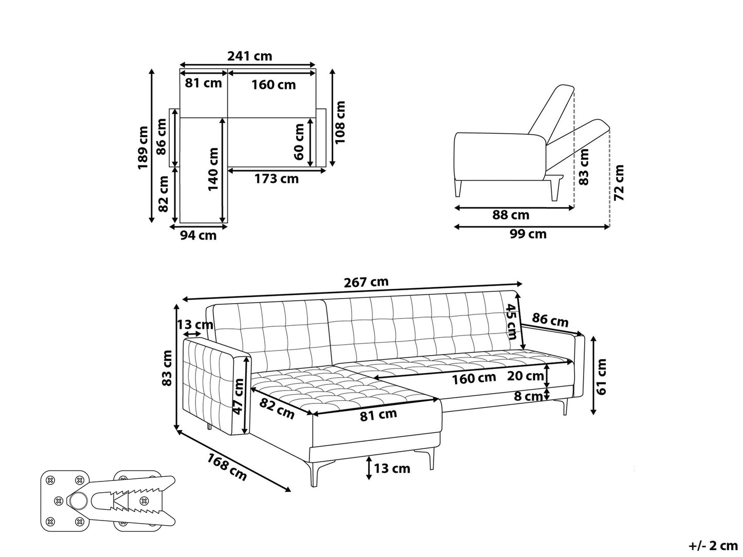  Modular Corner Sofa Bed 4 Seater ABERDEEN Velvet Blue Right Hand