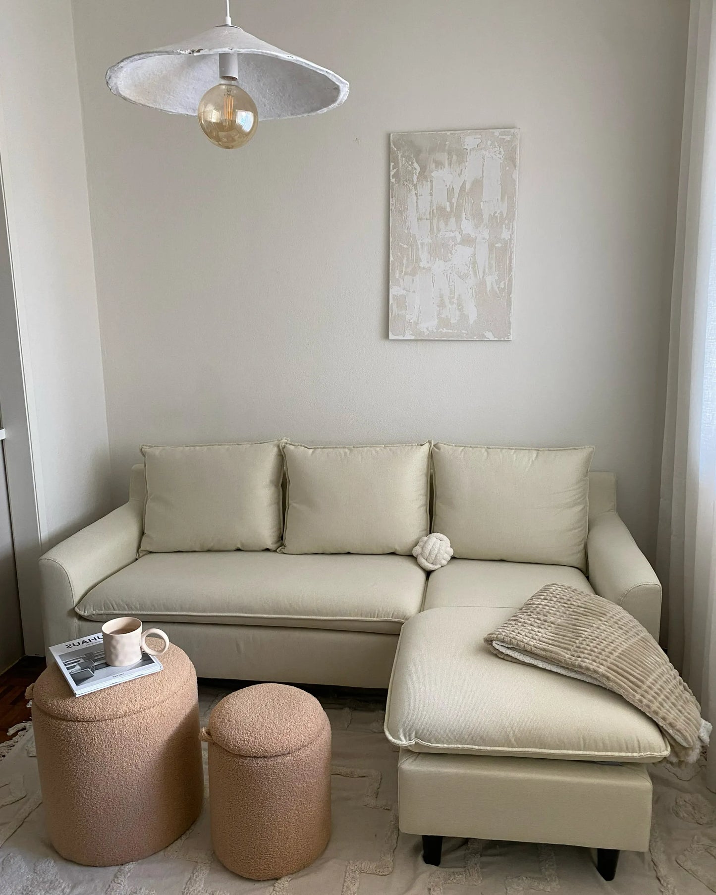  Corner Sofa 3 Seater ELVENES Fabric Light Beige Left Hand