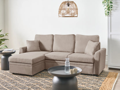  Corner Sofa Bed 3 Seater NASSJO Faux Linen Light Brown Right Hand
