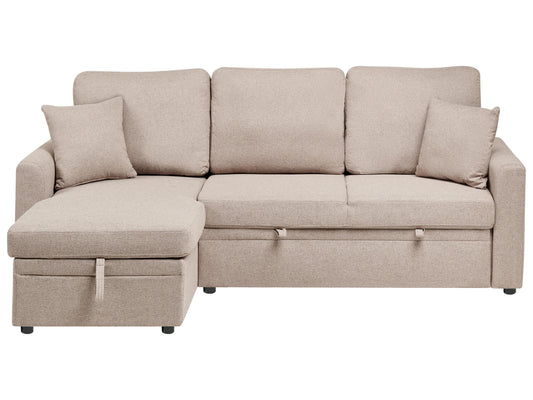  Corner Sofa Bed 3 Seater NASSJO Faux Linen Light Brown Right Hand