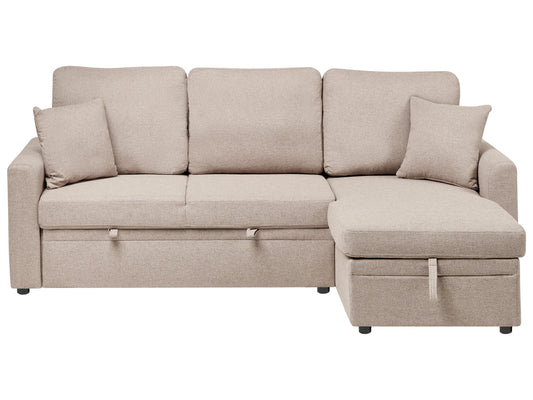  Corner Sofa Bed 3 Seater NASSJO Faux Linen Light Brown With Storage Left Hand