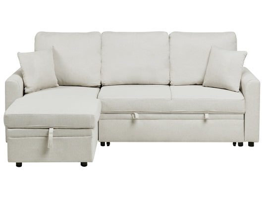 Corner Sofa Bed 3 Seater NASSJO Faux Linen Light Beige Right Hand